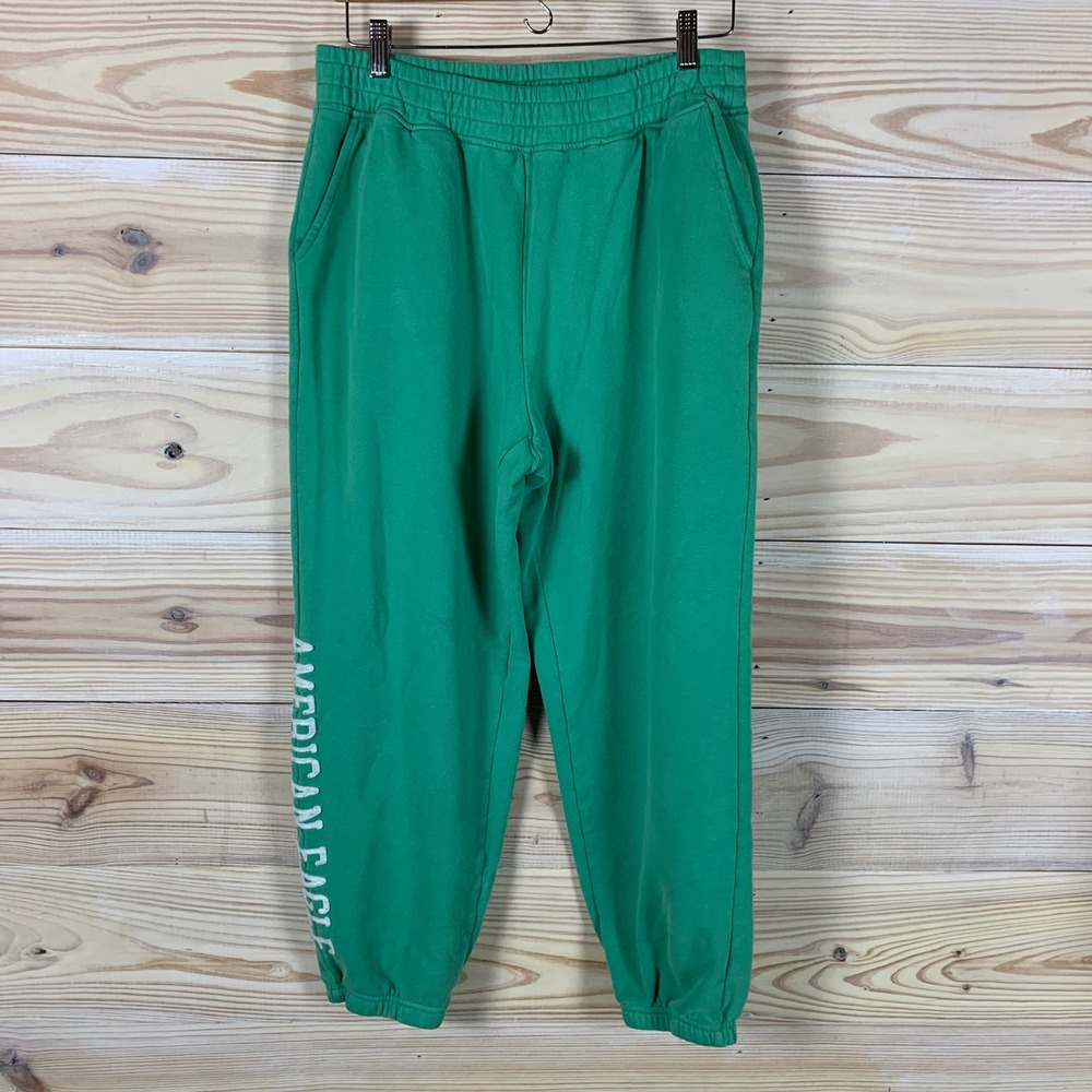 American Eagle Sweatpants Women L Green Patch Logo Jogger Fleece